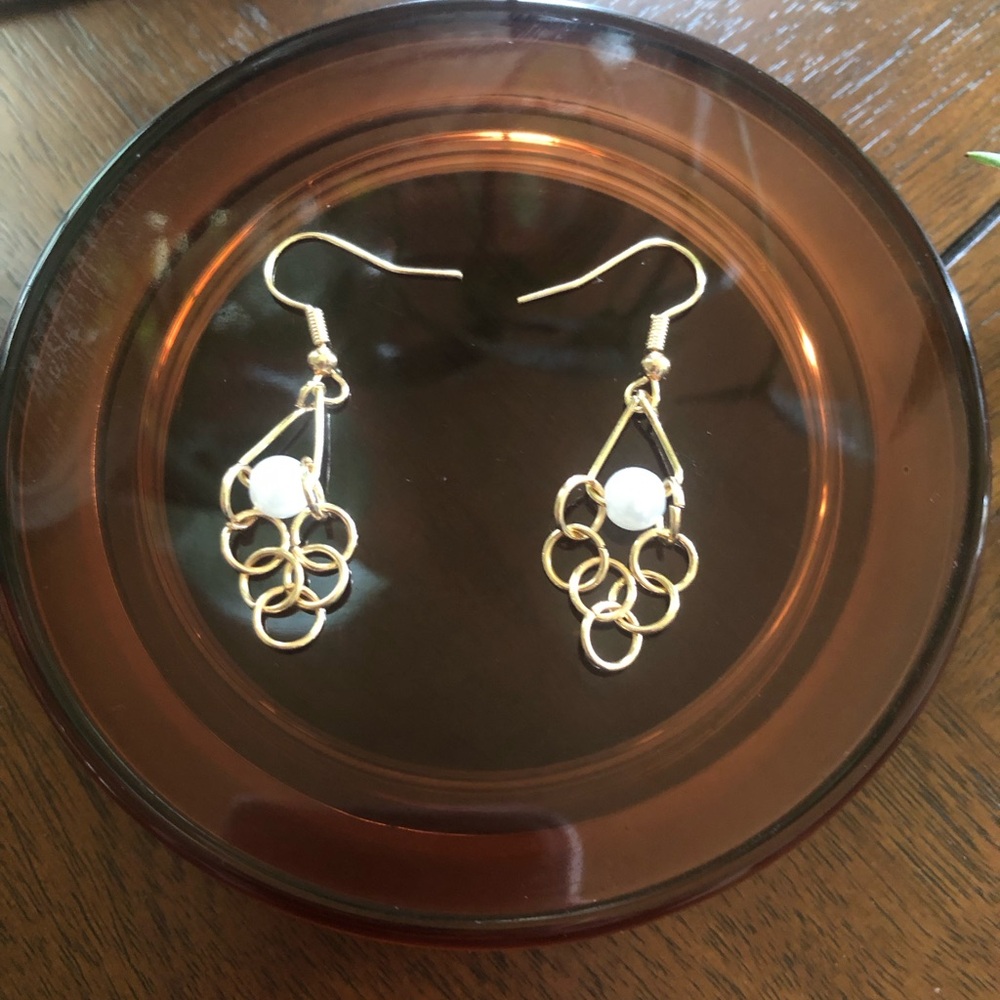 Goldtone Drop Earrings with White Bead